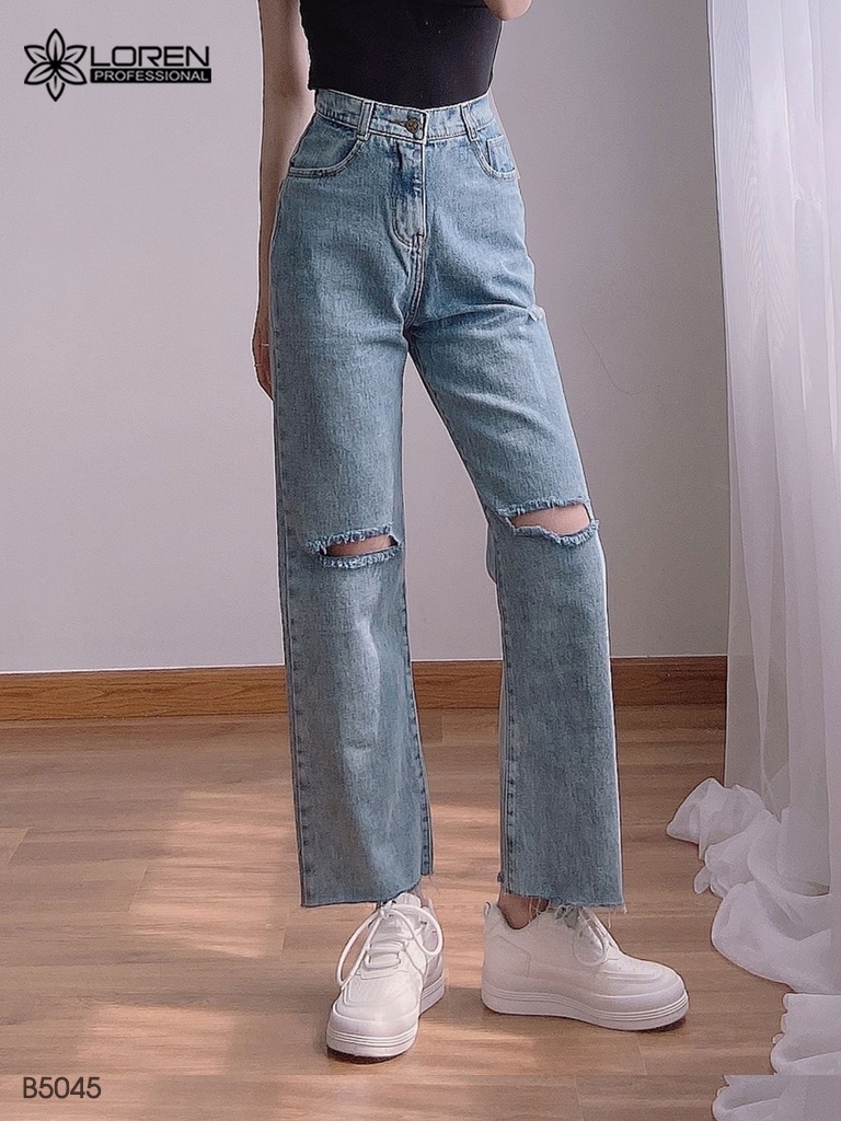 Quần jean baggy LOREN loe rách xanh B5045