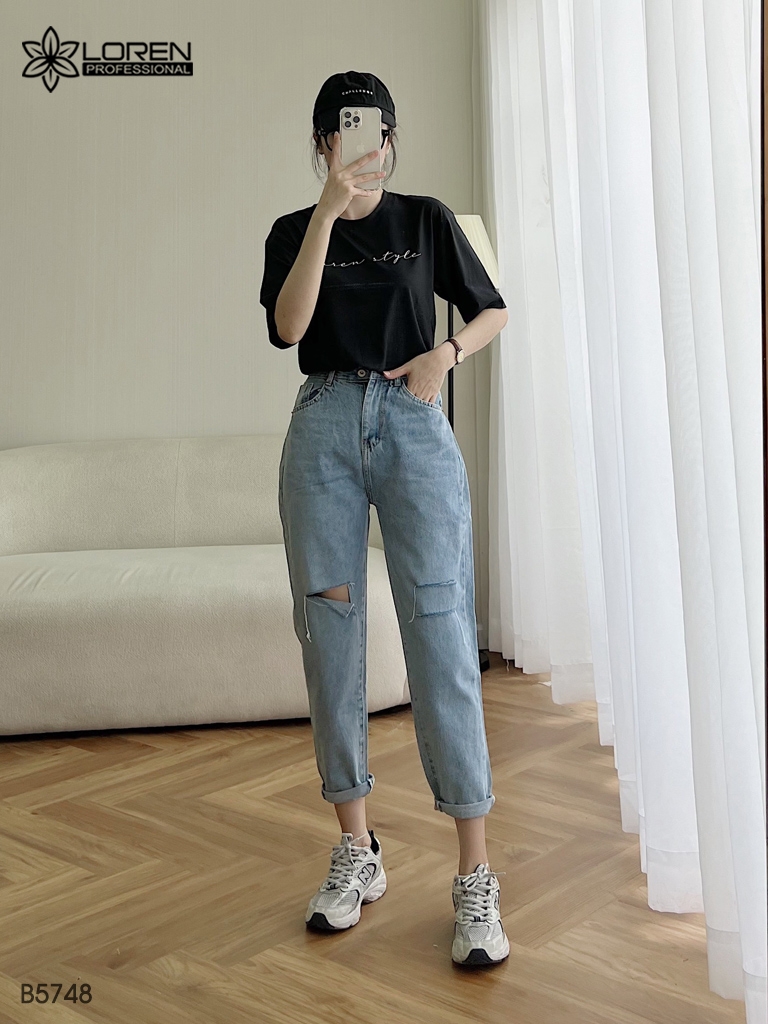 Quần jean baggy LOREN rách gối tua xanh B5748