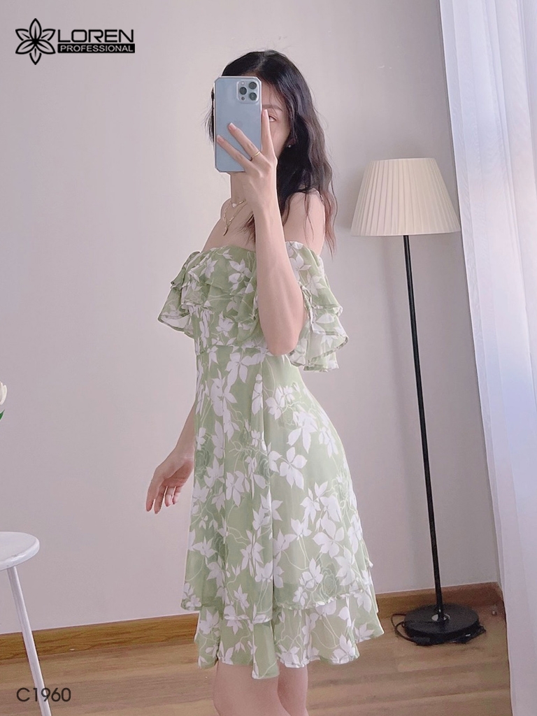 Đầm hoa nữ LOREN bẹt vại xanh bơ C1960