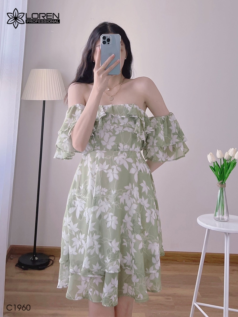 Đầm hoa nữ LOREN bẹt vại xanh bơ C1960