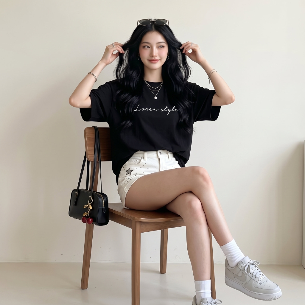 Áo thun nữ LOREN chữ Loren style đen A2742