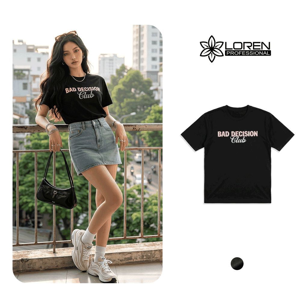 Áo thun nữ LOREN in chữ Bad Decision đen A2773