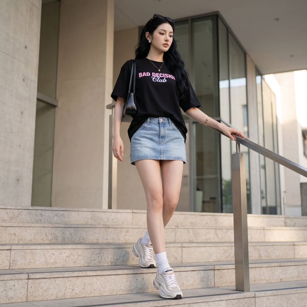 Áo thun nữ LOREN in chữ Bad Decision đen A2773