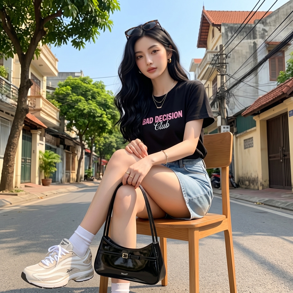 Áo thun nữ LOREN in chữ Bad Decision đen A2773