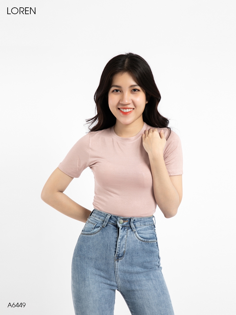 Áo croptop cổ tròn tay ngắn hồng A6449