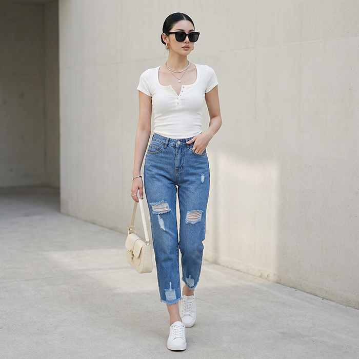 Quần jean baggy LOREN rách tua B51035