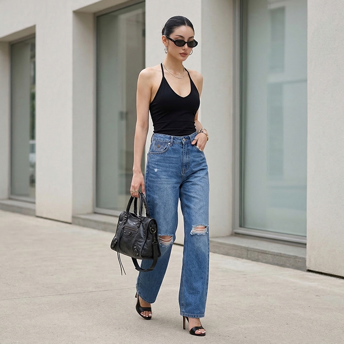 Quần jean nữ LOREN ống rộng rách B51061