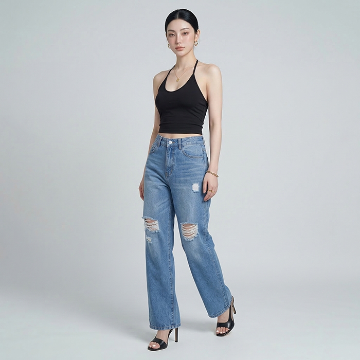 Quần jean nữ LOREN ống rộng rách B51061