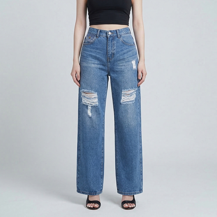 Quần jean nữ LOREN ống rộng rách B51061