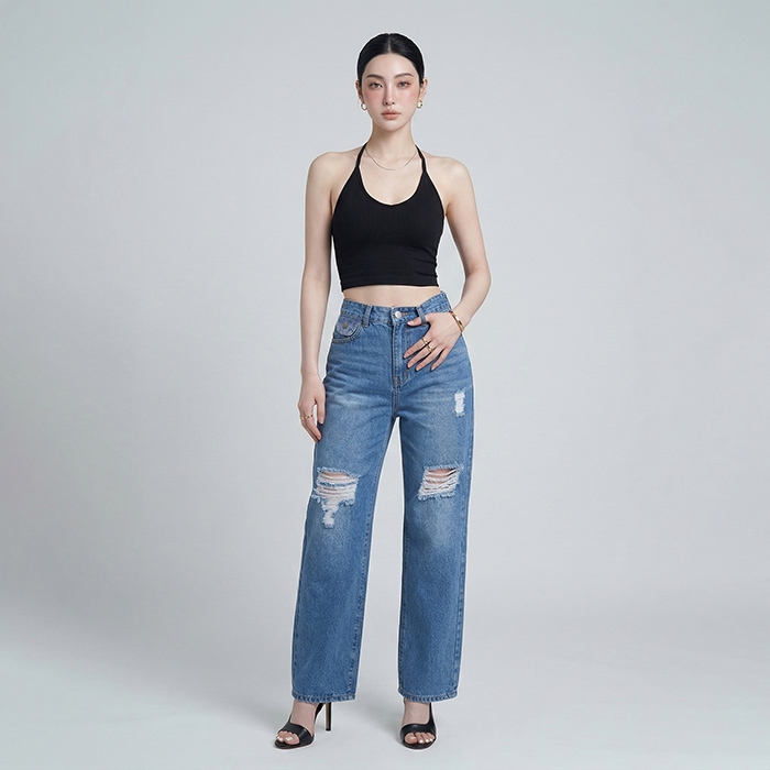 Quần jean nữ LOREN ống rộng rách B51061