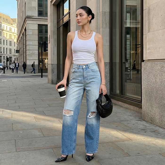 Quần jean nữ LOREN ống rộng wash B51062