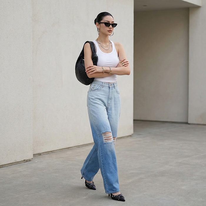 Quần jean nữ LOREN ống rộng wash B51062