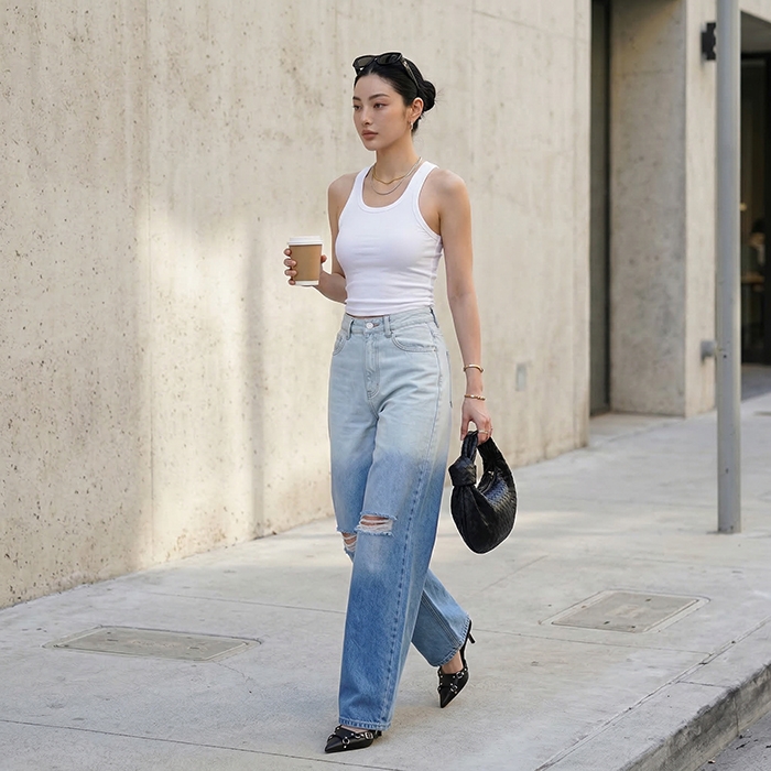 Quần jean nữ LOREN ống rộng wash B51062