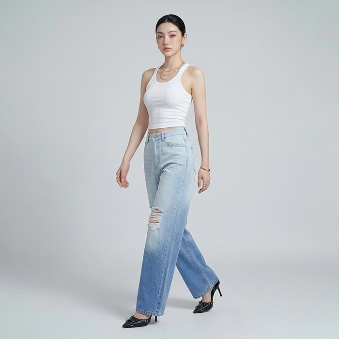Quần jean nữ LOREN ống rộng wash B51062