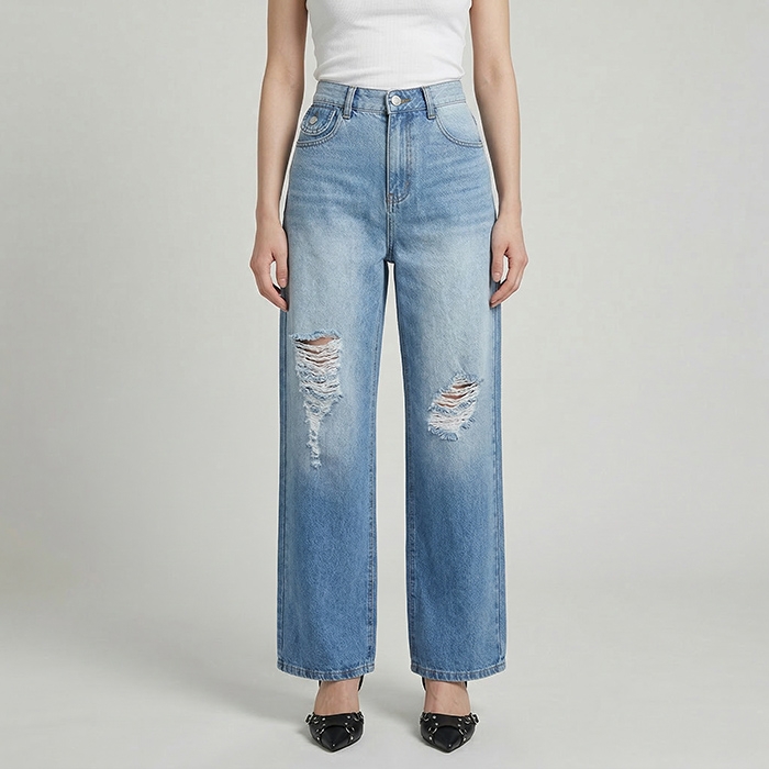Quần jean nữ LOREN ống rộng wash B51062