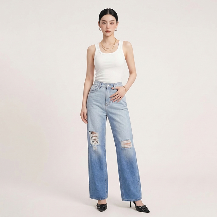 Quần jean nữ LOREN ống rộng wash B51062