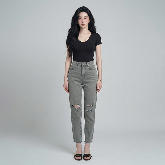 Quần jean baggy nữ LOREN wash rách B51107
