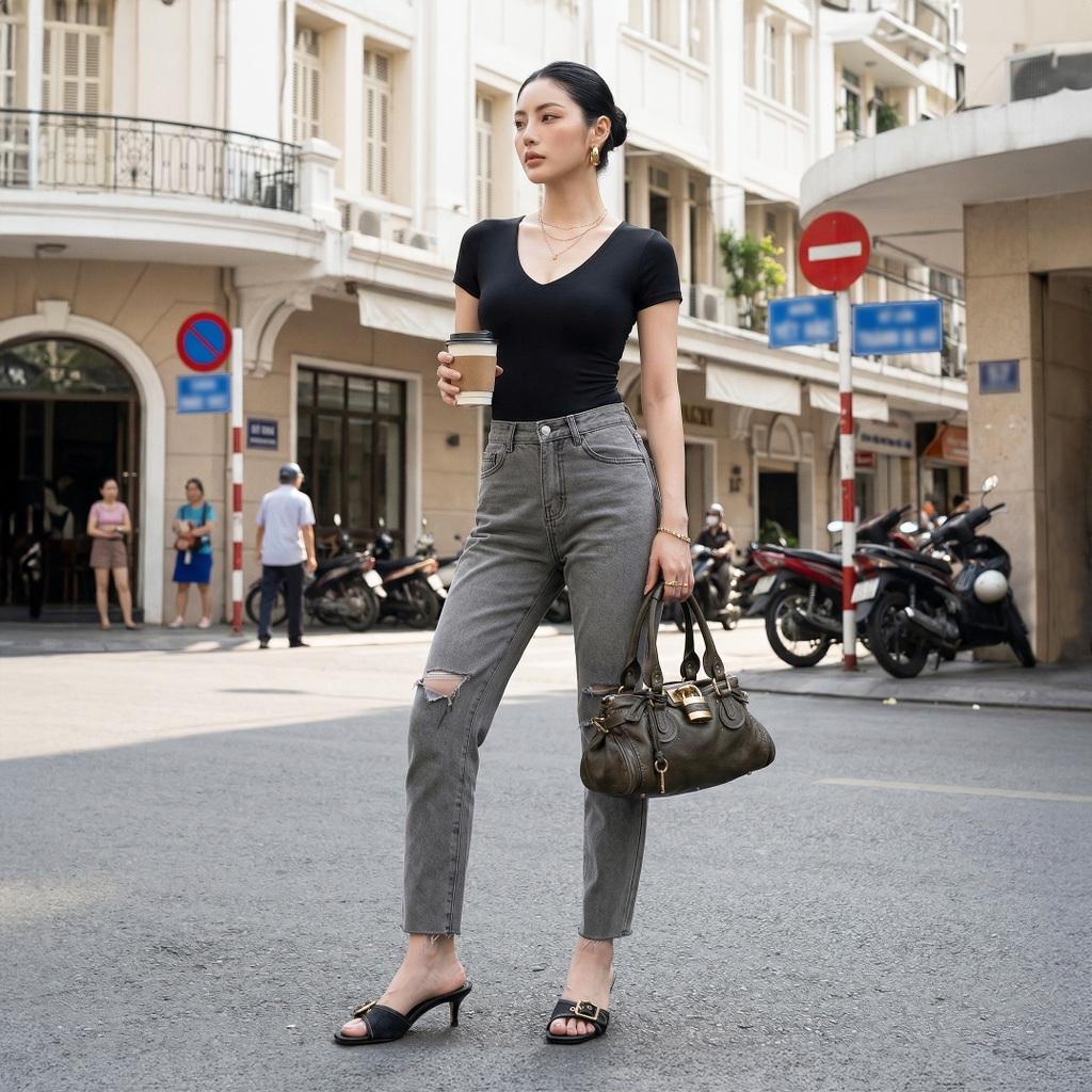 Quần jean baggy nữ LOREN wash rách B51107