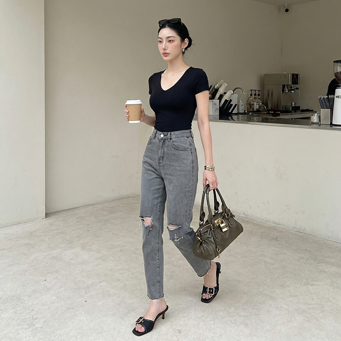 Quần jean baggy nữ LOREN wash rách B51107