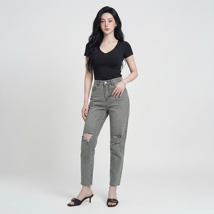 Quần jean baggy nữ LOREN wash rách B51107