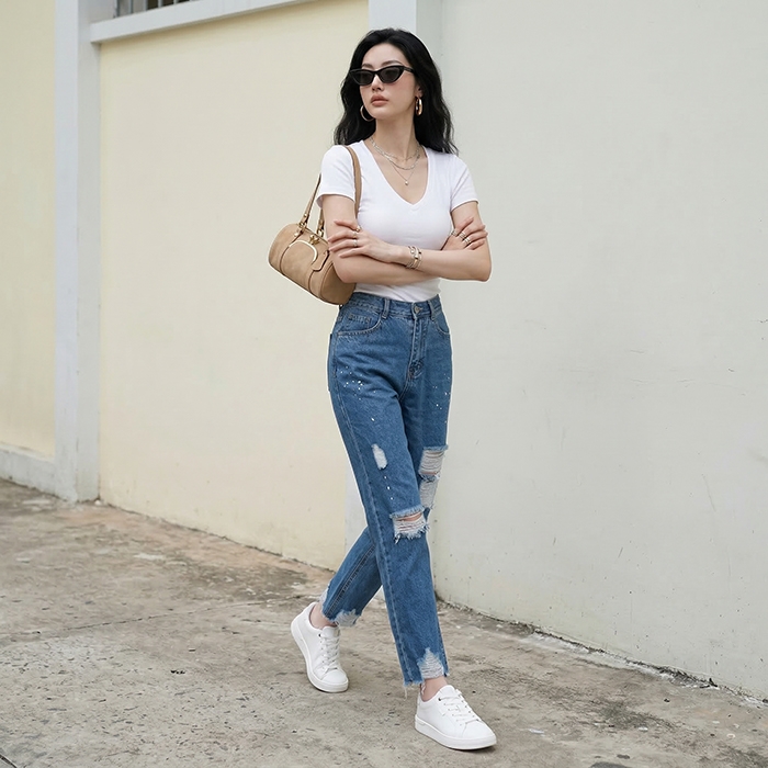 Quần jean baggy LOREN rách tua B5145