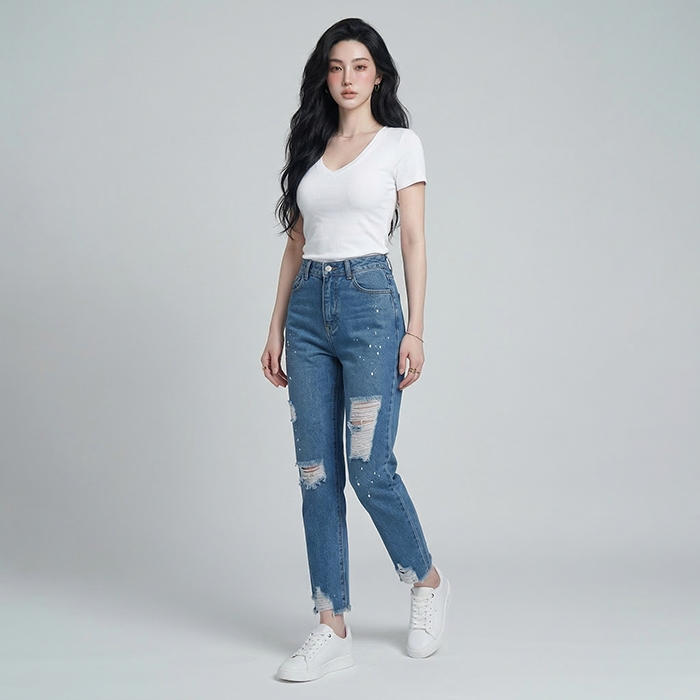 Quần jean baggy LOREN rách tua B5145
