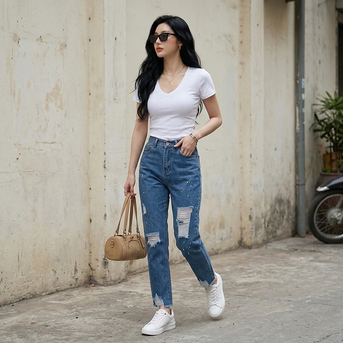 Quần jean baggy LOREN rách tua B5145