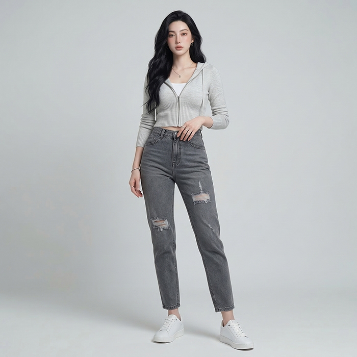 Quần jean baggy LOREN rách xám B5193