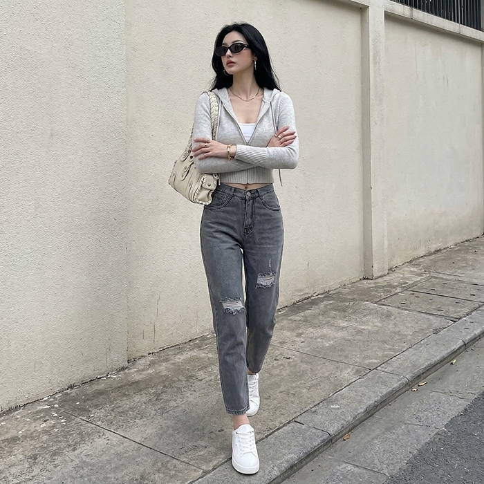 Quần jean baggy LOREN rách xám B5193