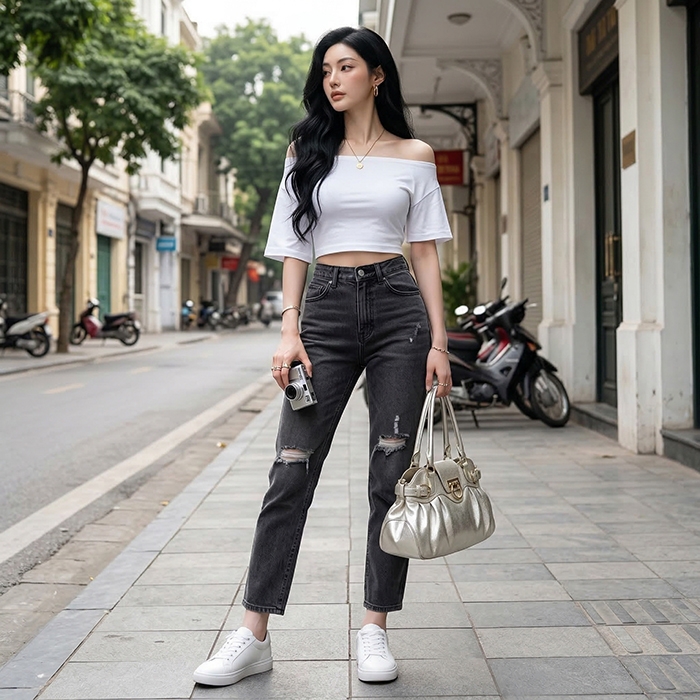 Quần jean baggy LOREN rách đen B5194