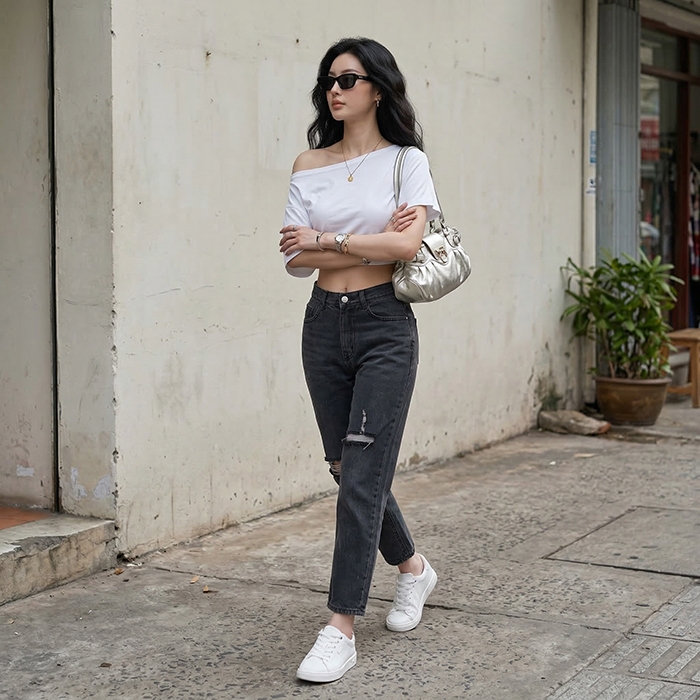 Quần jean baggy LOREN rách đen B5194