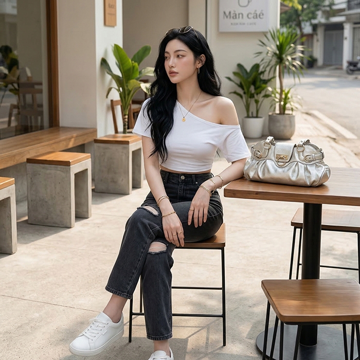 Quần jean baggy LOREN rách đen B5194