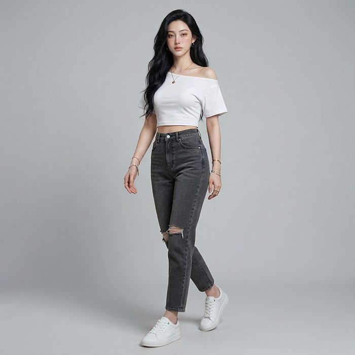 Quần jean baggy LOREN rách đen B5194