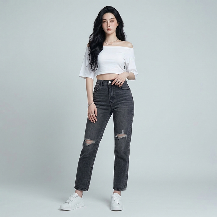Quần jean baggy LOREN rách đen B5194