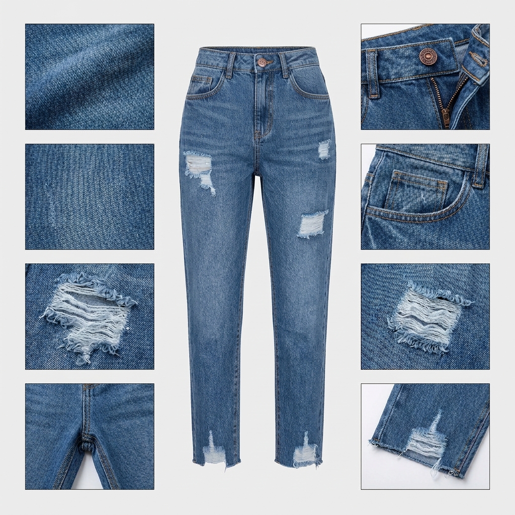 Quần jean baggy LOREN rách tua xanh B5389