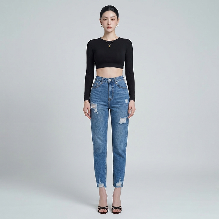 Quần jean baggy LOREN rách tua xanh B5389