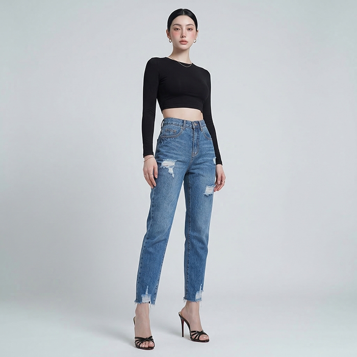 Quần jean baggy LOREN rách tua xanh B5389