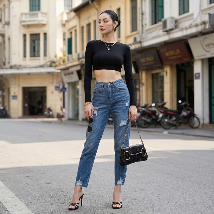 Quần jean baggy LOREN rách tua xanh B5389