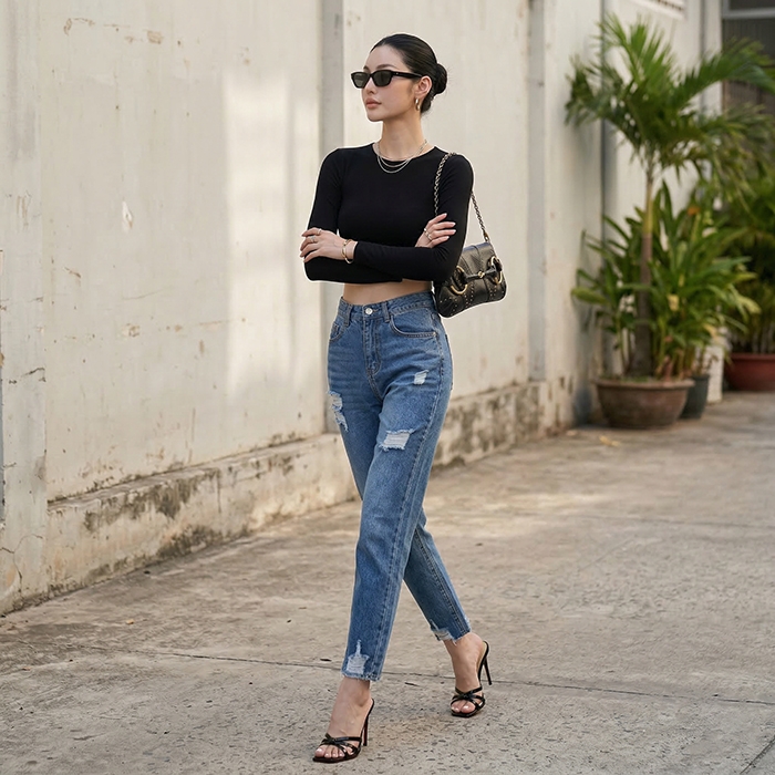 Quần jean baggy LOREN rách tua xanh B5389