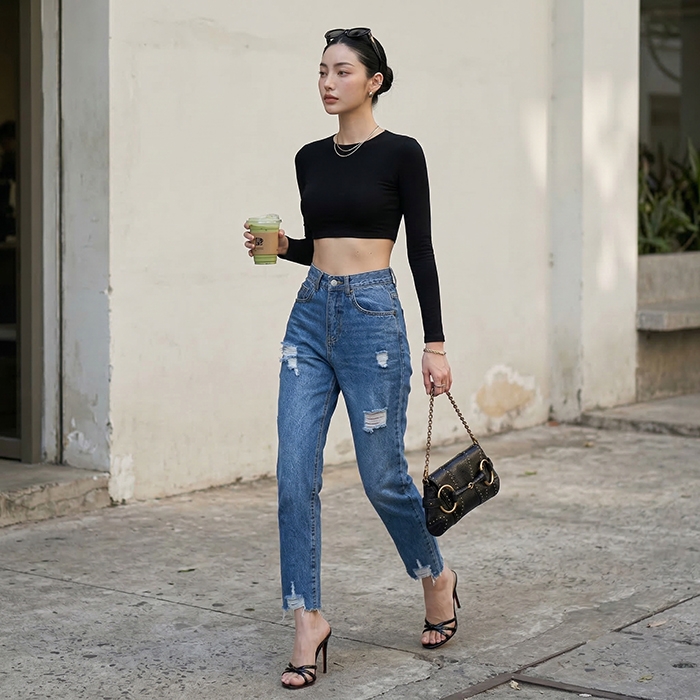 Quần jean baggy LOREN rách tua xanh B5389