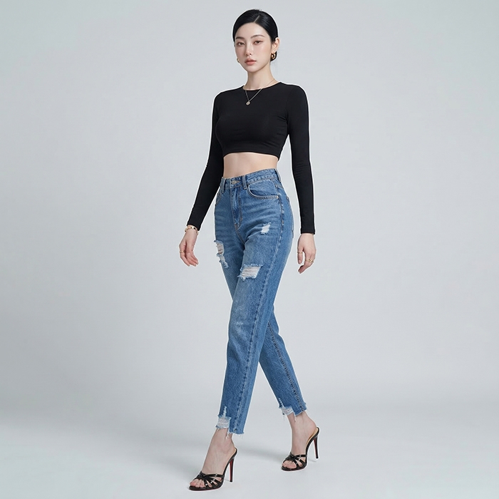 Quần jean baggy LOREN rách tua xanh B5389