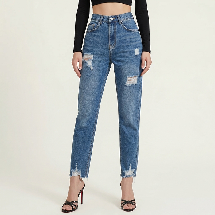 Quần jean baggy LOREN rách tua xanh B5389