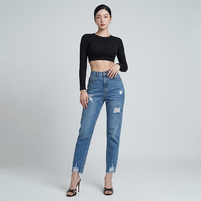 Quần jean baggy LOREN rách tua xanh B5389
