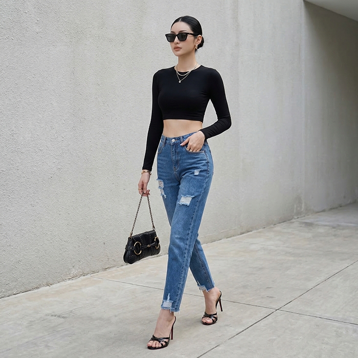 Quần jean baggy LOREN rách tua xanh B5389