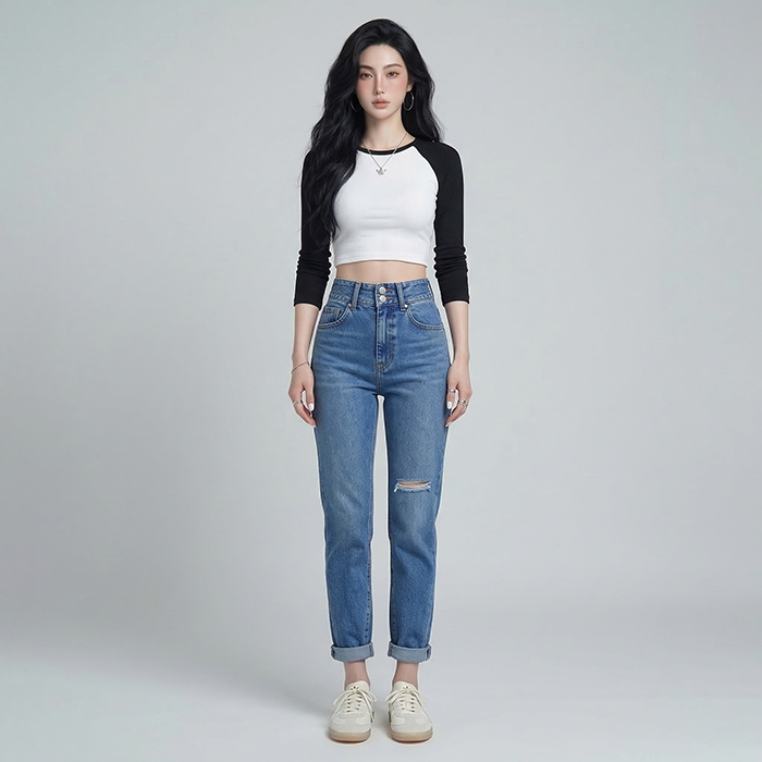 Quần jean baggy LOREN rách tua xanh B5390