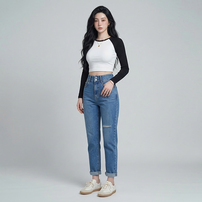 Quần jean baggy LOREN rách tua xanh B5390