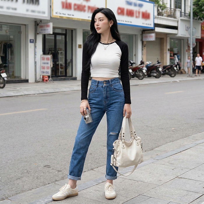 Quần jean baggy LOREN rách tua xanh B5390
