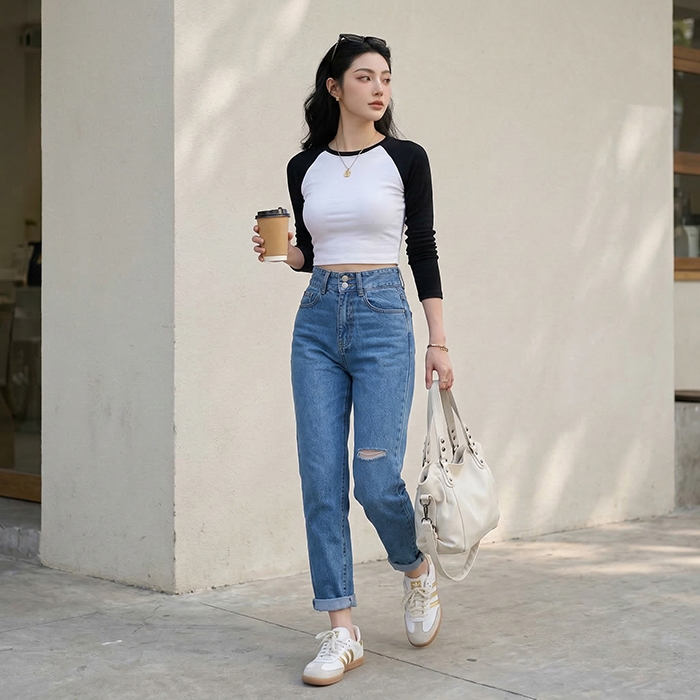Quần jean baggy LOREN rách tua xanh B5390