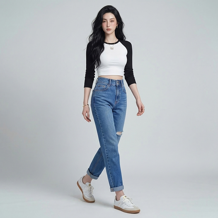 Quần jean baggy LOREN rách tua xanh B5390