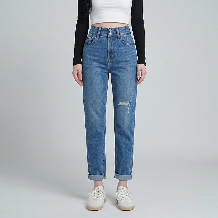 Quần jean baggy LOREN rách tua xanh B5390